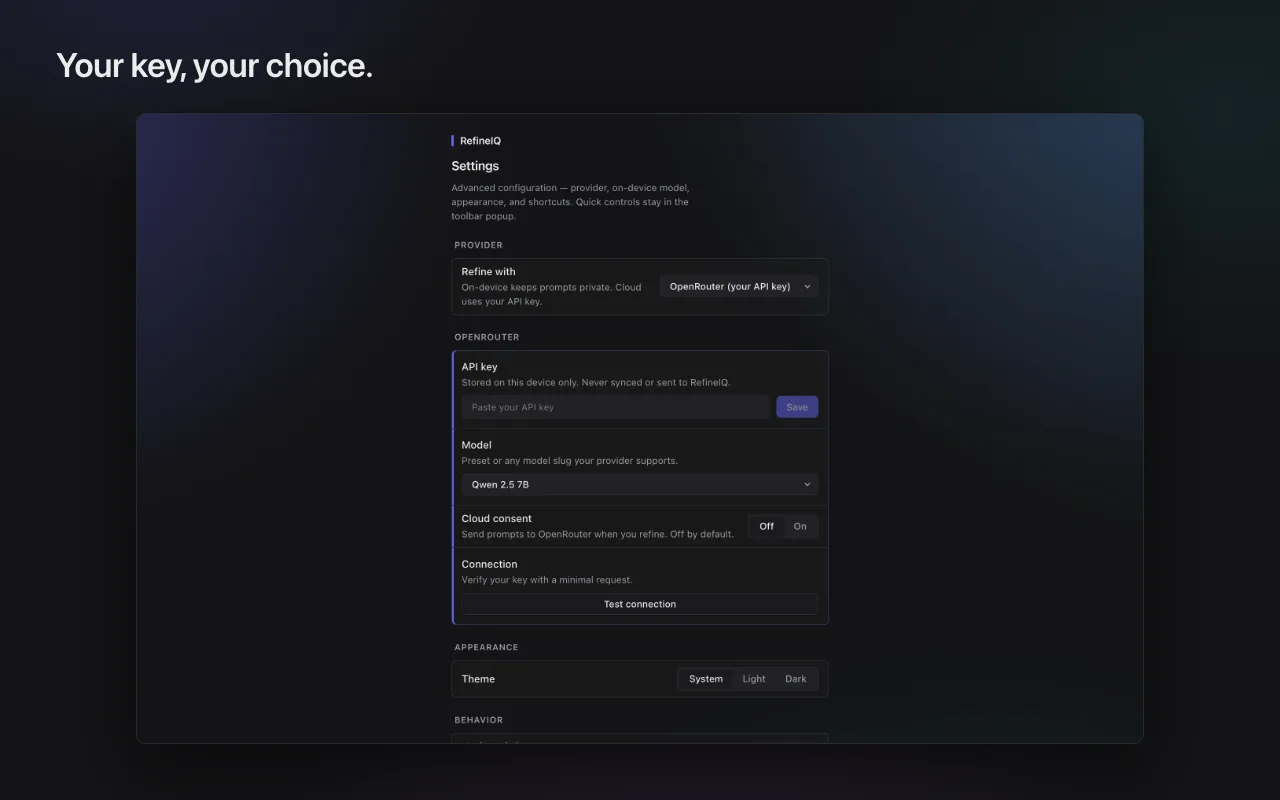 RefineIQ settings showing cloud provider selection, API key field, and the consent toggle